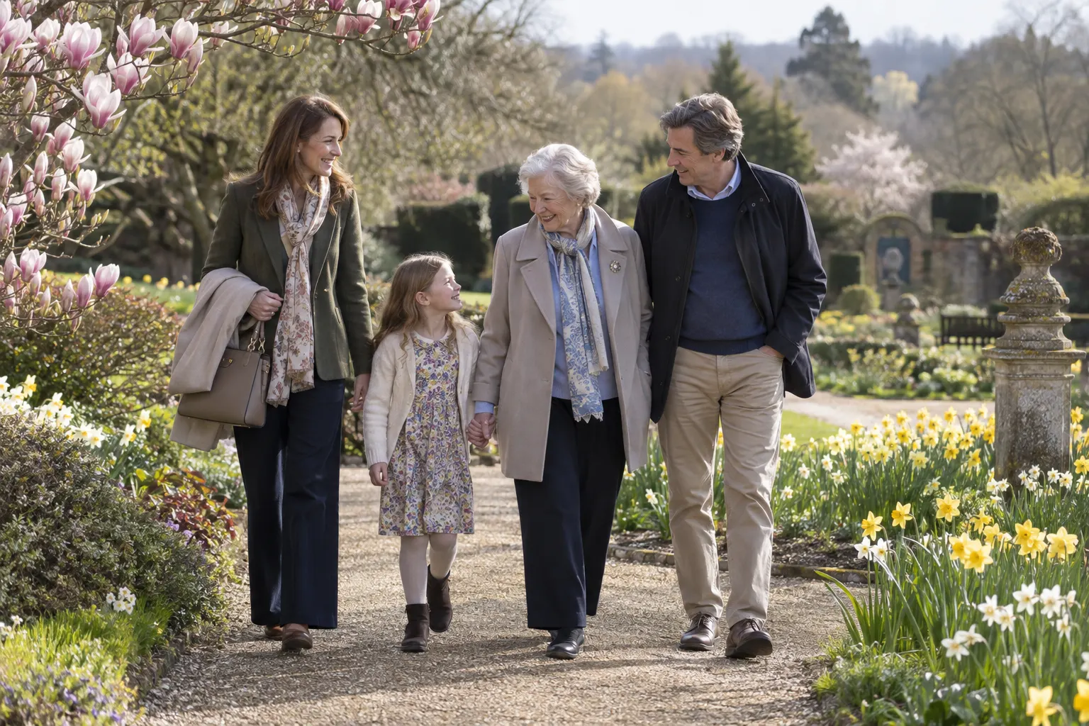 Illustrative grandmother, adults and child walking through a spring garden together