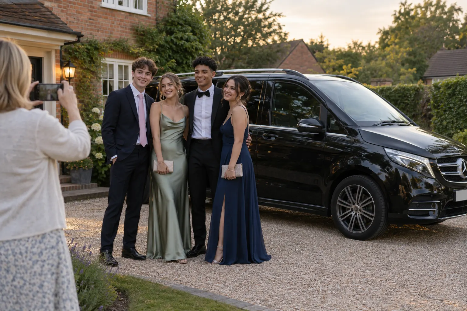 Illustrative prom group photographed by a parent beside a people carrier before departure