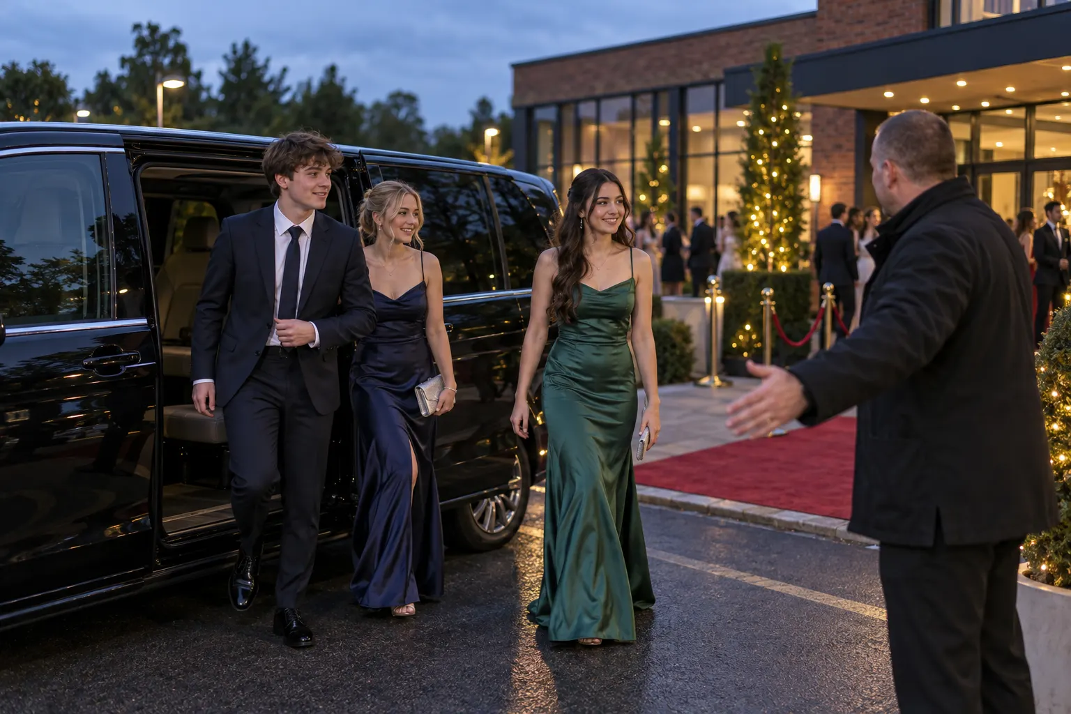 Illustrative sixth-form prom guests arriving at a fictional event venue