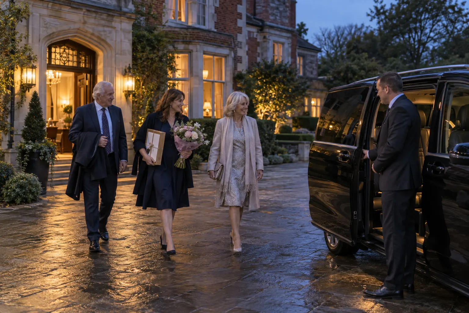 Illustrative retiring guest and family approaching a people carrier after an evening celebration