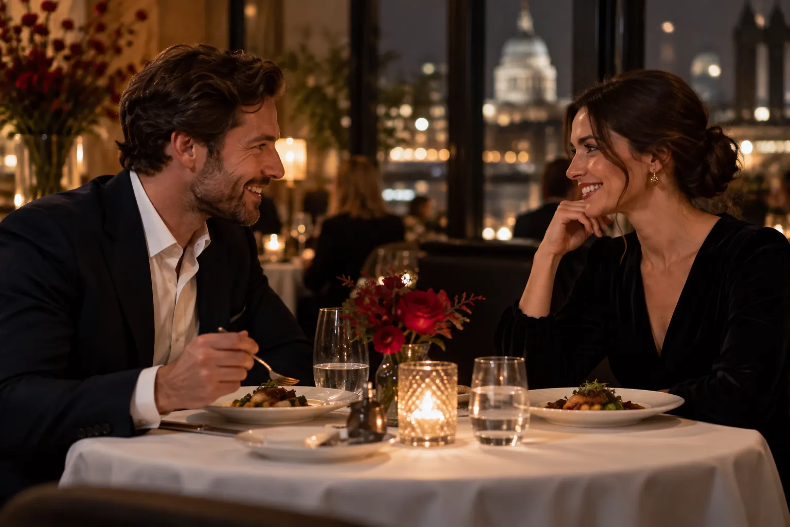 Illustrative couple sharing a candlelit Valentine’s dinner in a fictional restaurant