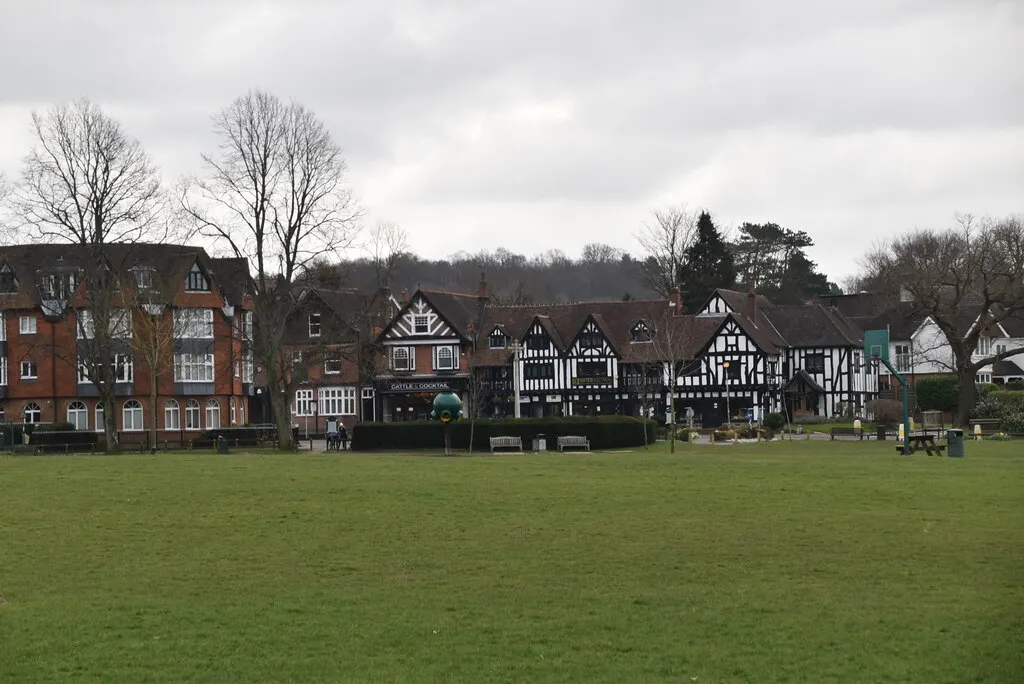 Master Park and surrounding buildings in Oxted in March 2021