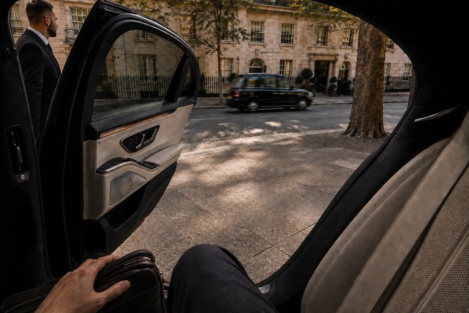 An open rear car door viewed from the passenger seat beside a quiet city square