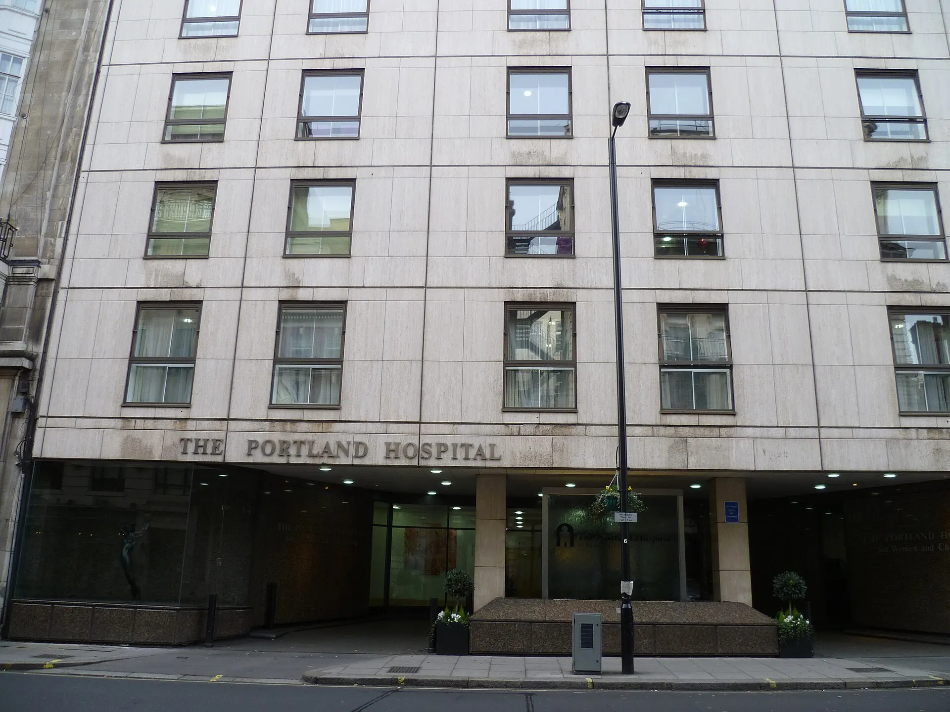 The Portland Hospital main frontage on Great Portland Street, photographed in 2016
