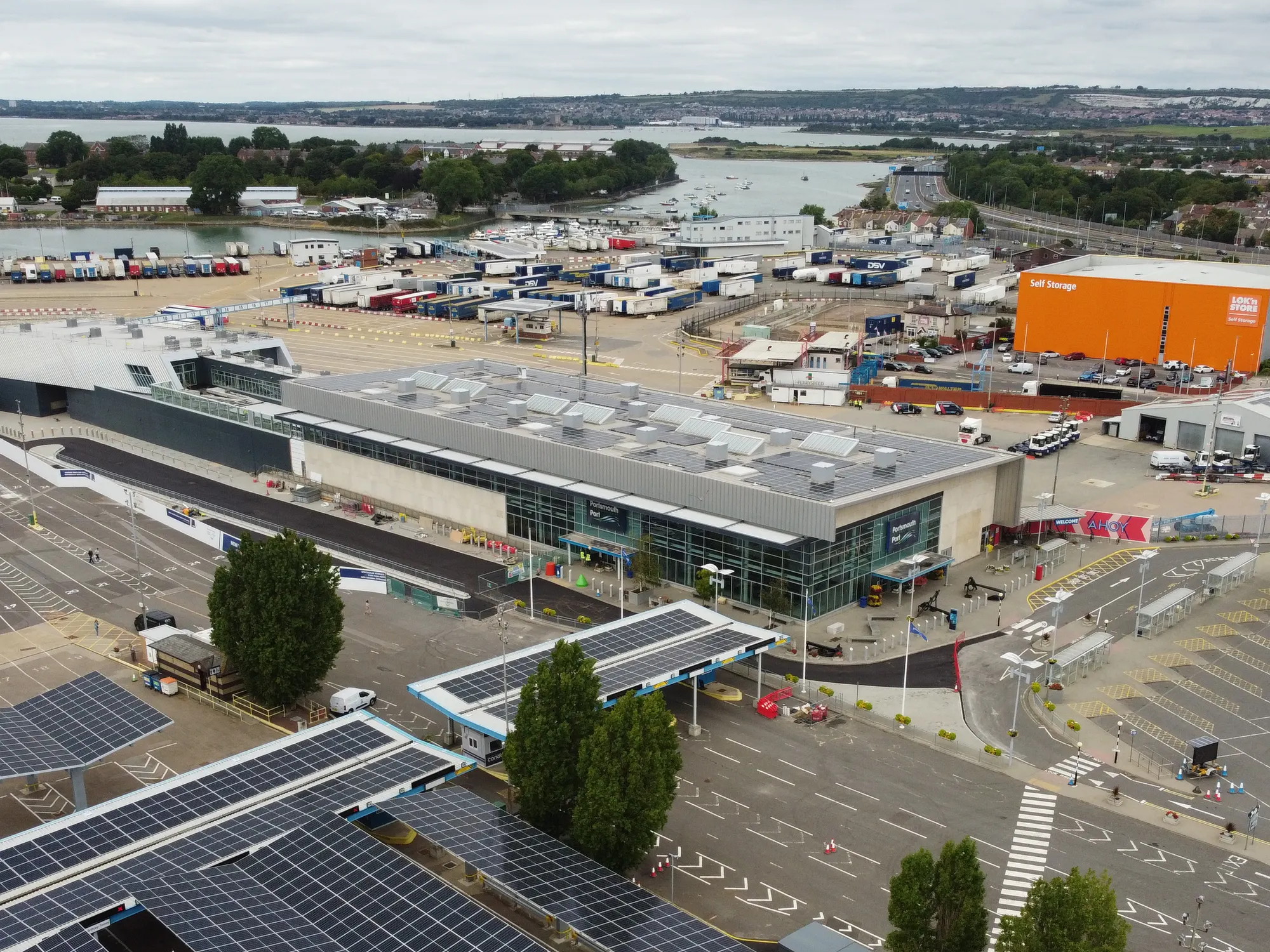 Portsmouth International Port passenger terminal and vehicle approach photographed in 2023