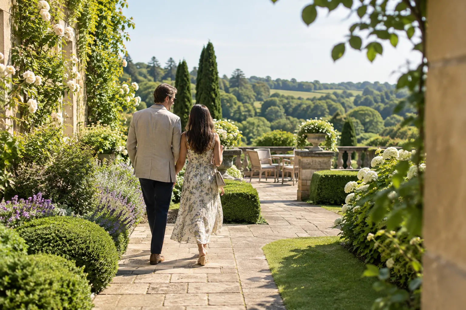 Illustrative couple walking through a sunny formal garden before a private occasion