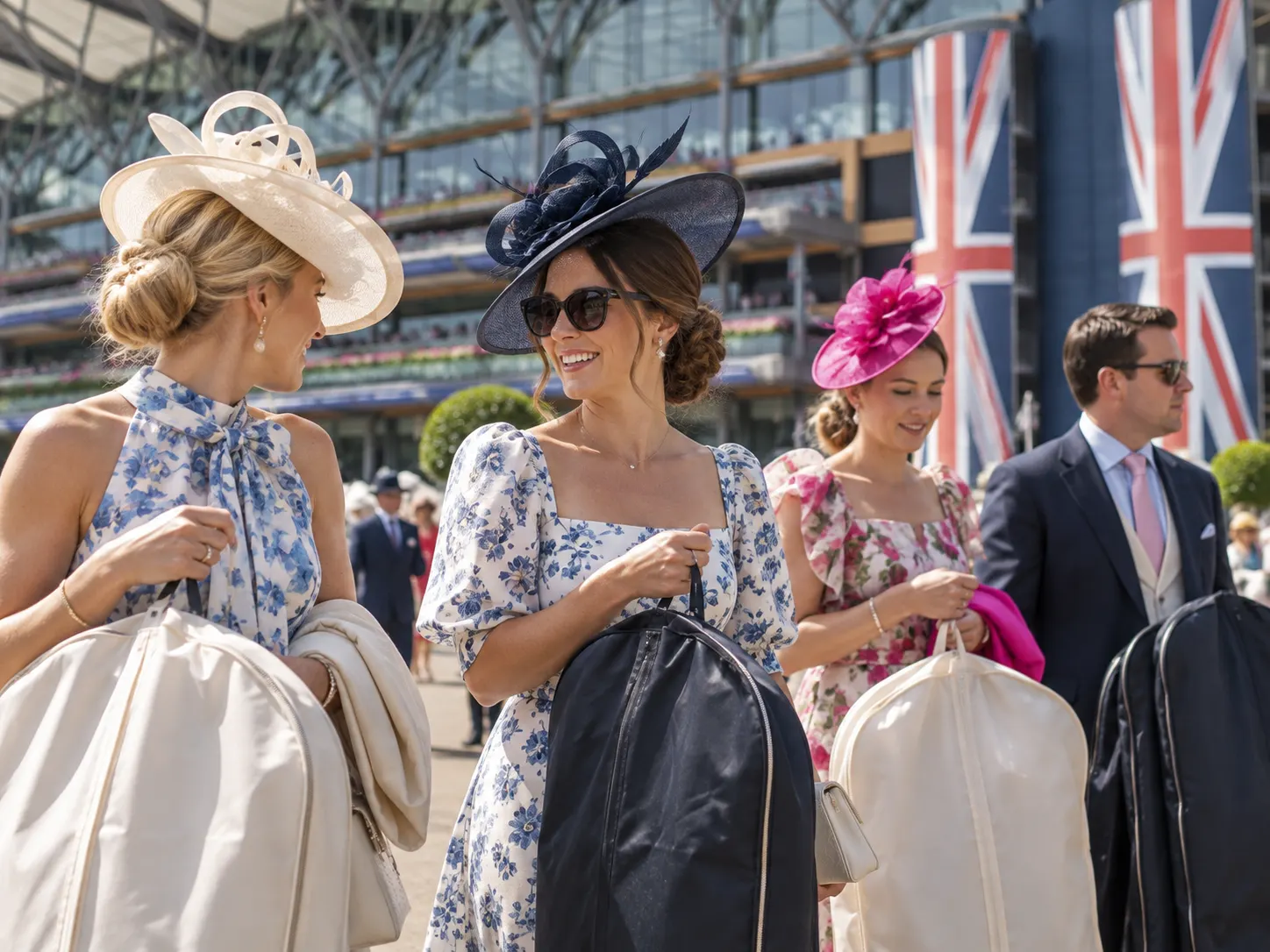 Illustration of racegoers carrying hats and garment bags outside Ascot Racecourse