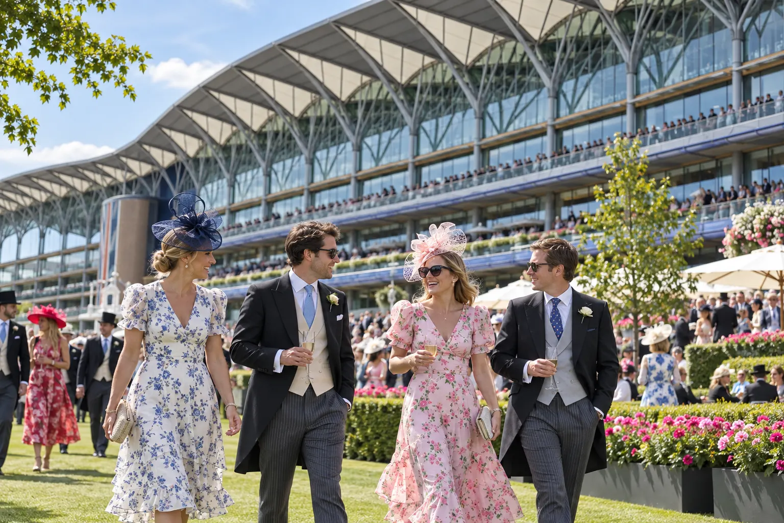 Photorealistic illustration of racegoers on the Ascot Racecourse lawn
