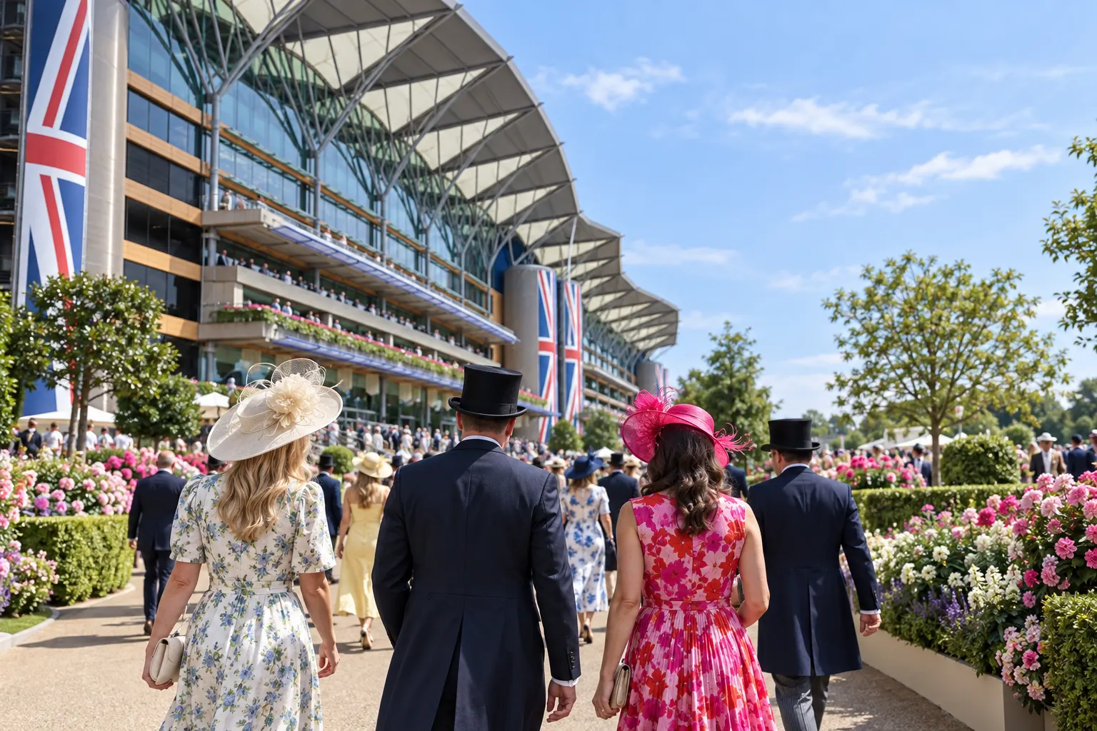 Illustration of racegoers walking through a landscaped approach to Ascot Racecourse