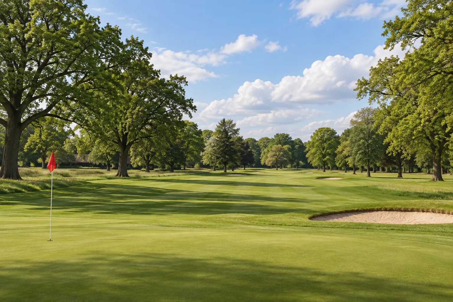 Illustrative oak-lined Royal Ascot Golf Club parkland fairway, grounded in course photography