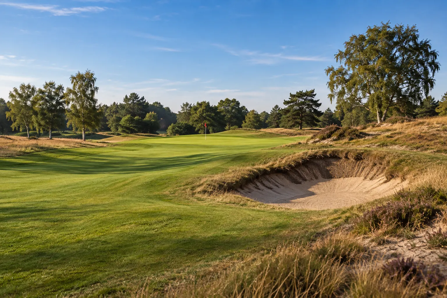 Illustrative inland-links fairway and revetted bunker at Sand Martins, grounded in club course photographs