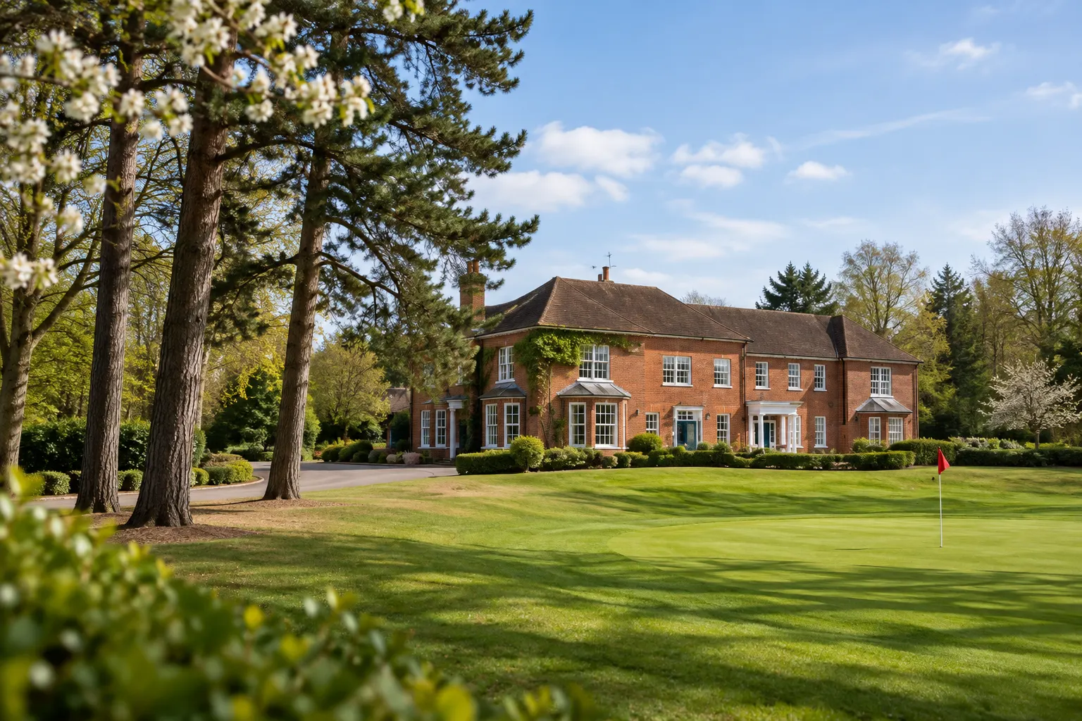 Illustrative Sand Martins red-brick clubhouse beyond a putting green, grounded in club photographs