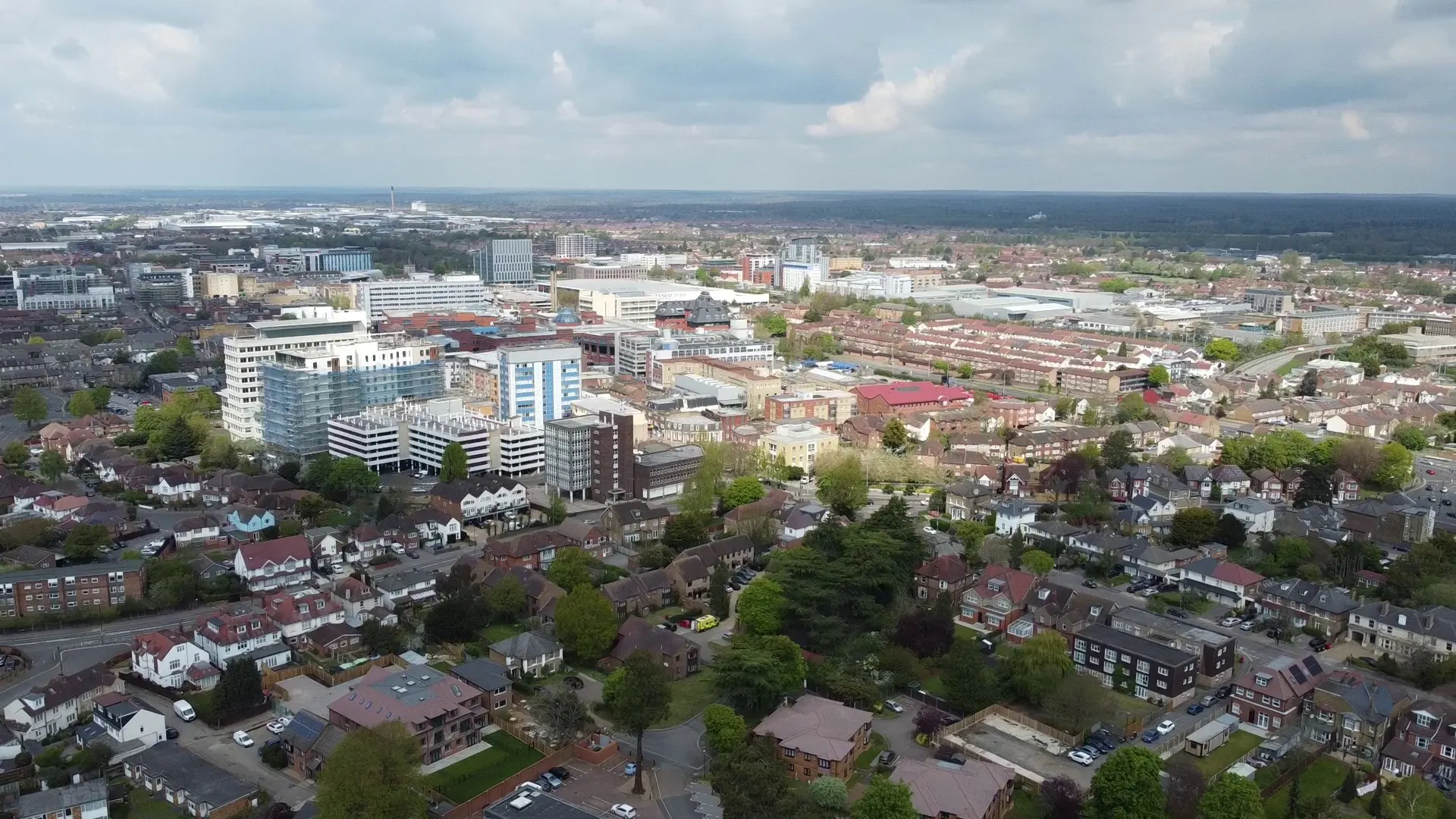 Slough town centre and surrounding streets seen from above in May 2021