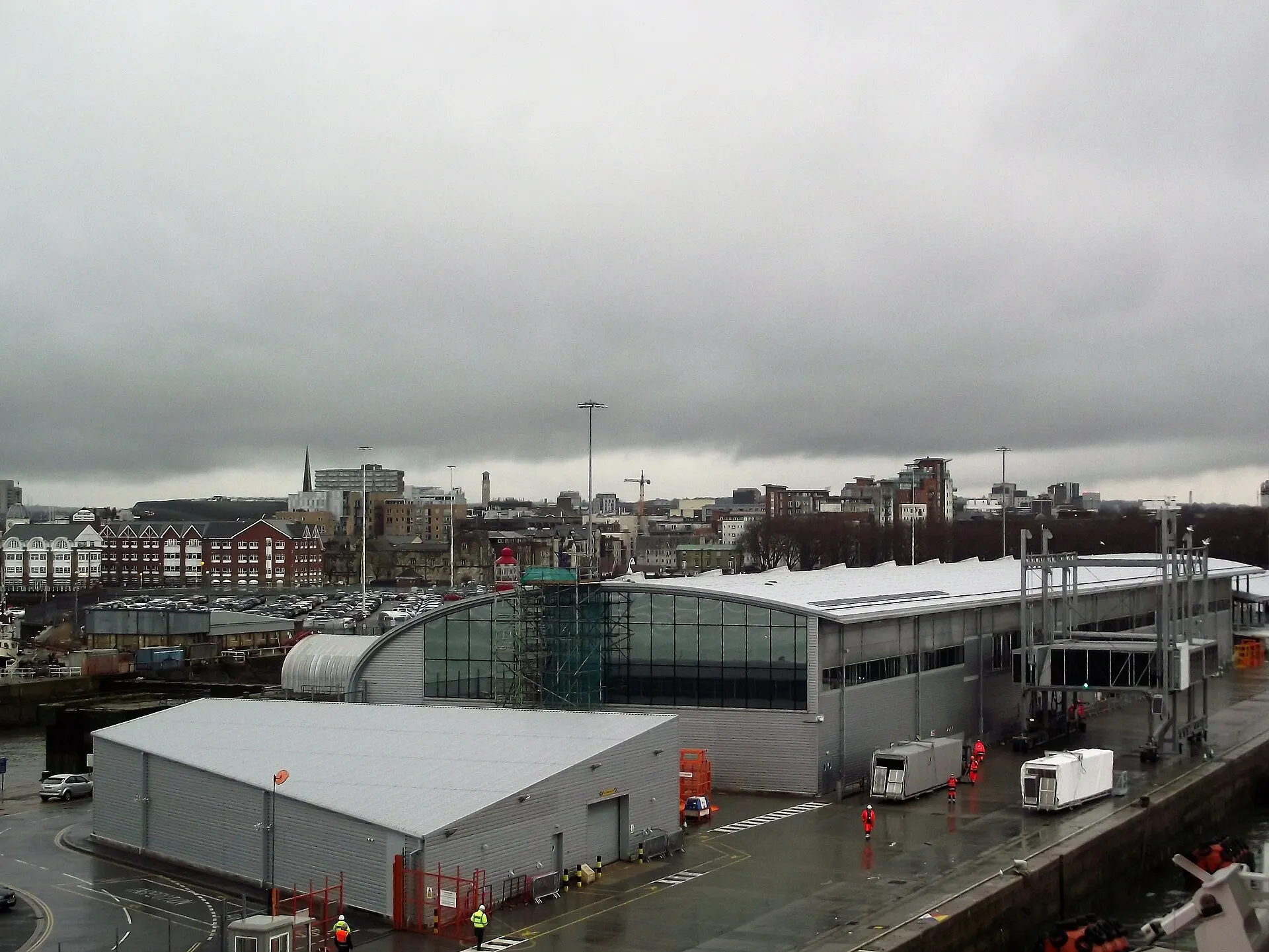 Southampton Ocean Cruise Terminal building and passenger bridge viewed from the quay in March 2018