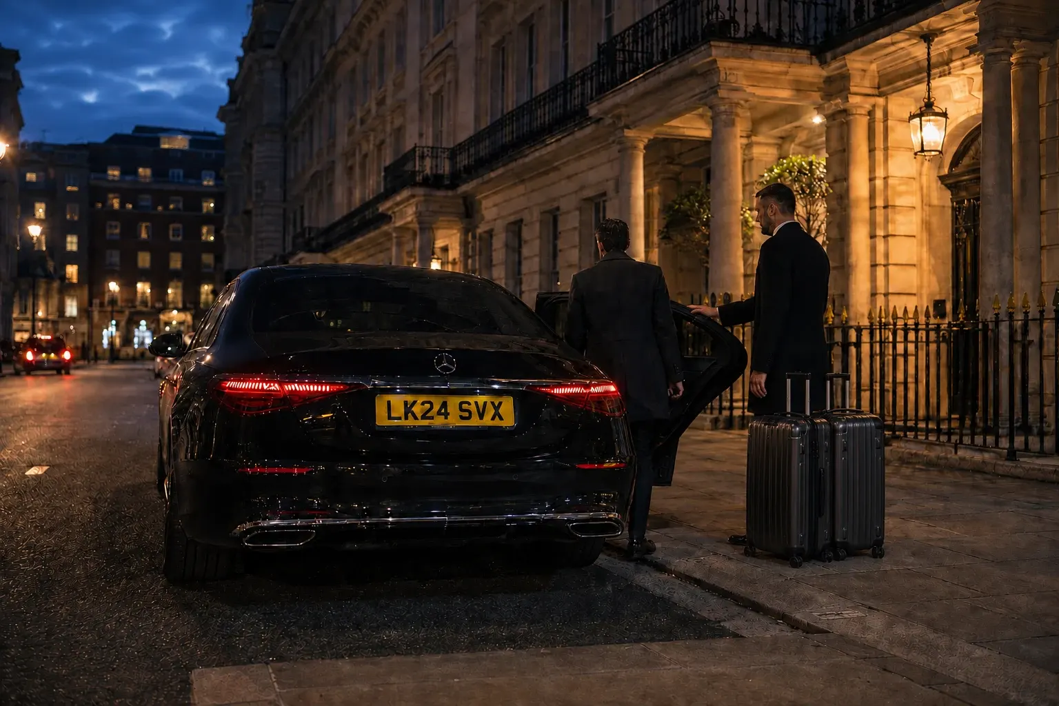 Two adults standing beside a black saloon outside a hotel in the evening