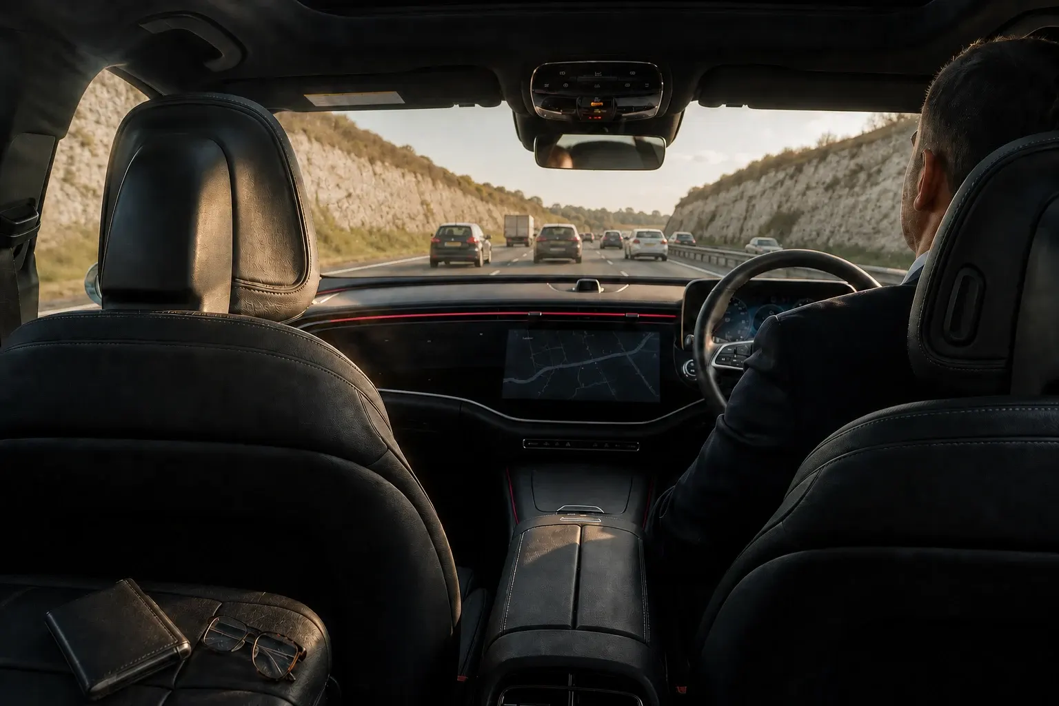 Motorway and chalk cutting viewed through a chauffeur cabin