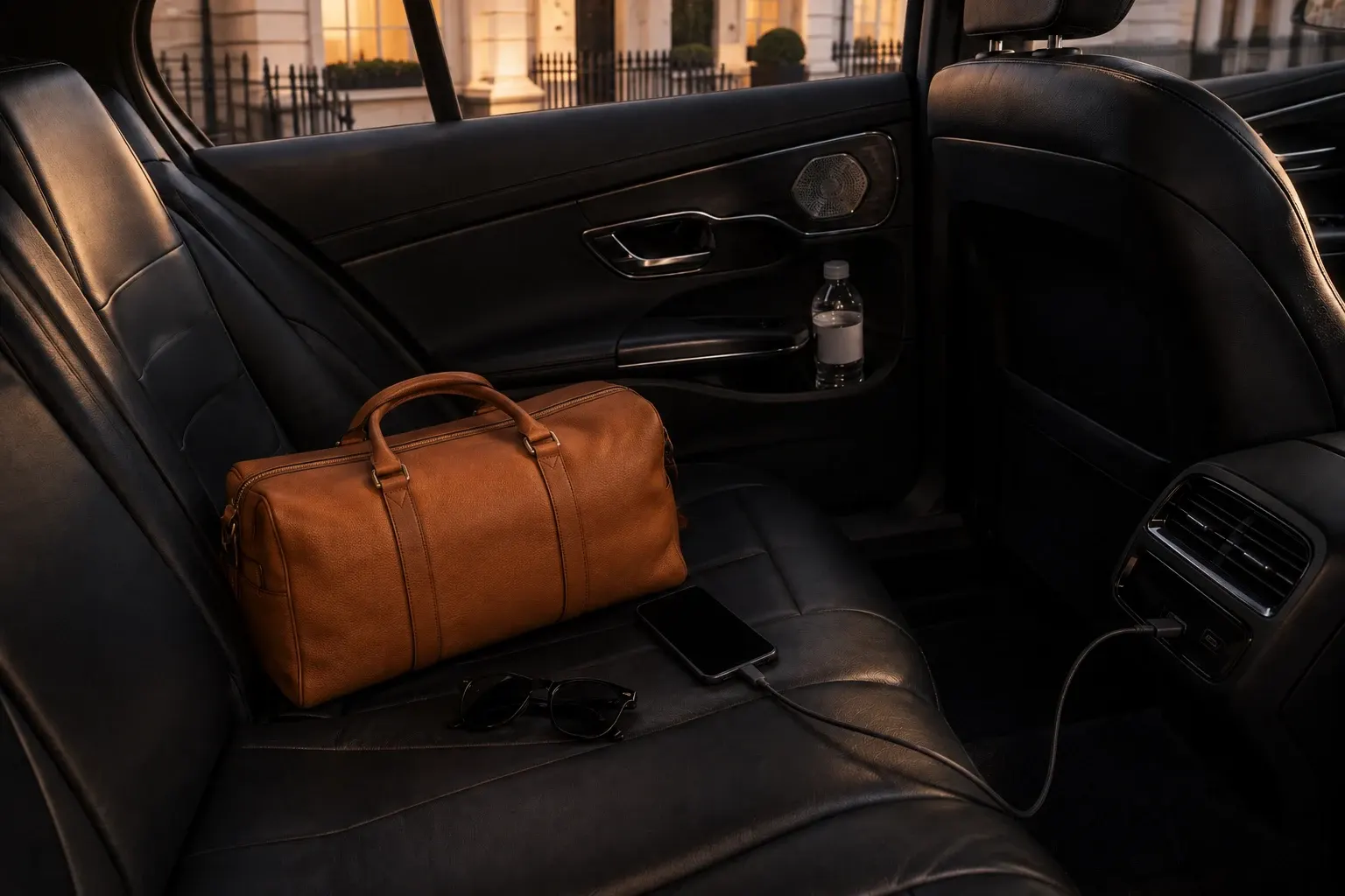 A brown travel bag and phone resting on a black rear passenger seat
