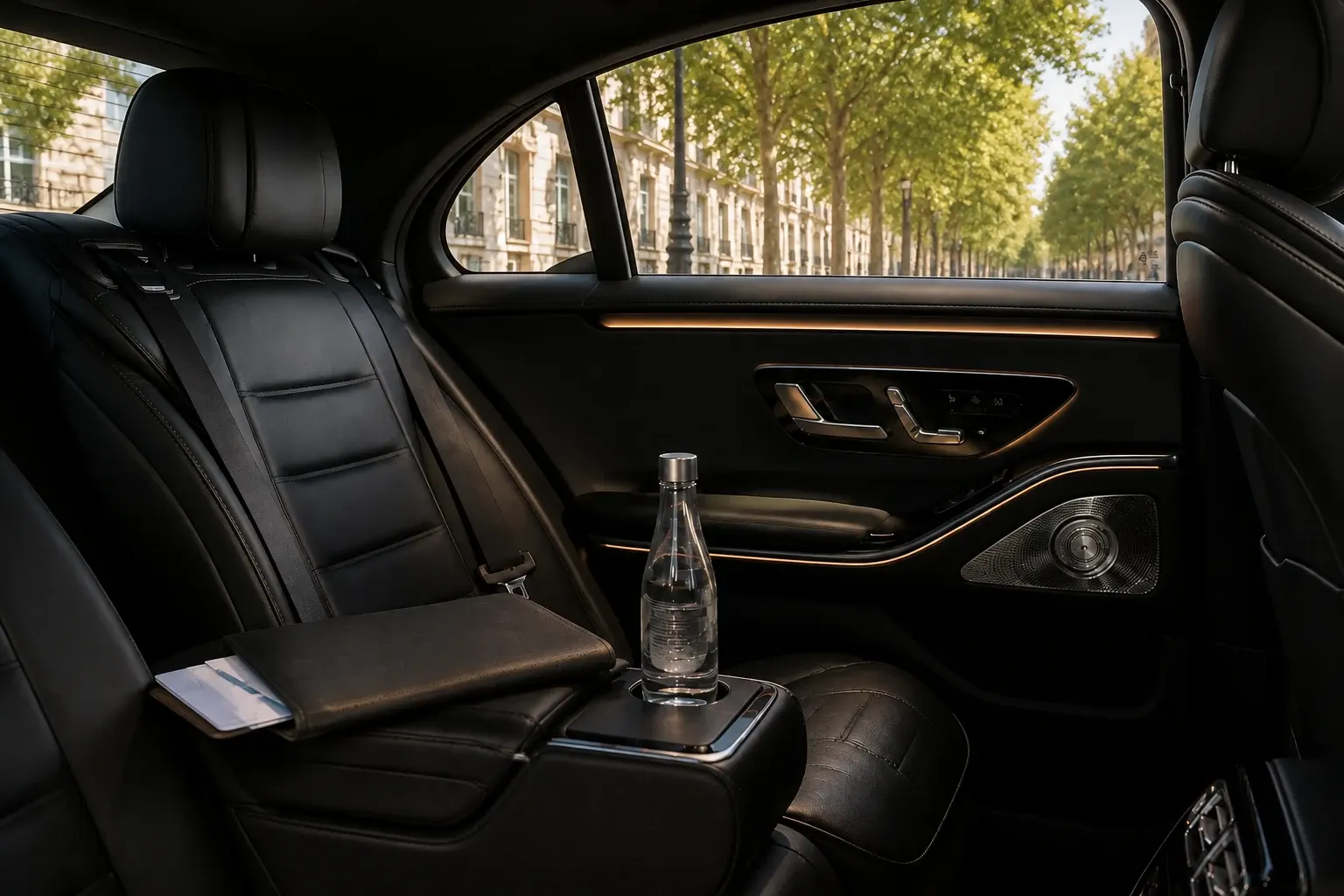 A bottle and travel folder on a black rear seat beside a tree-lined London street