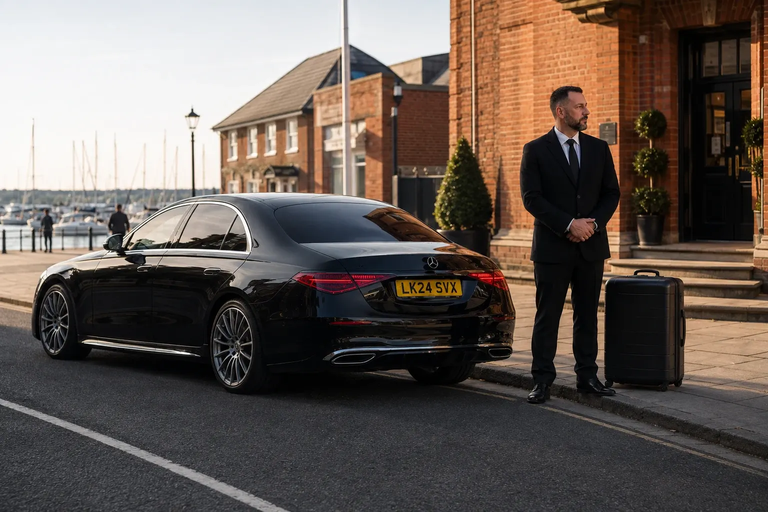 A chauffeur standing beside a large black suitcase and black saloon outside a brick waterfront building