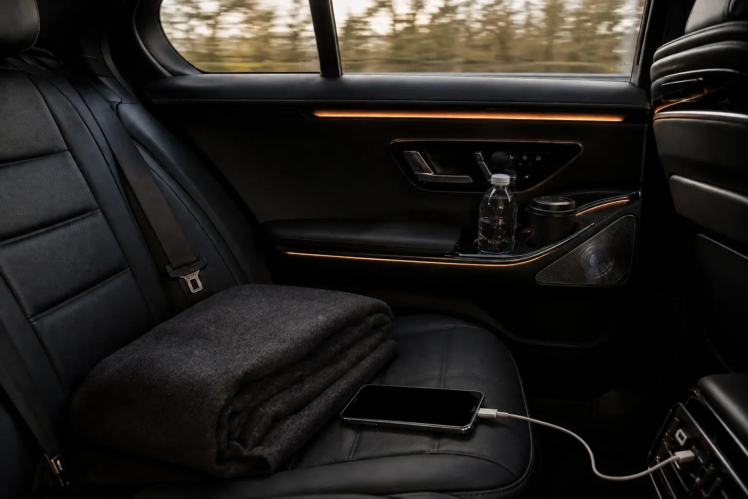 Rear passenger seat prepared with water for a longer journey