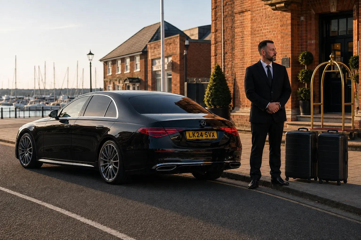 Chauffeur waiting beside a black saloon and luggage in morning light
