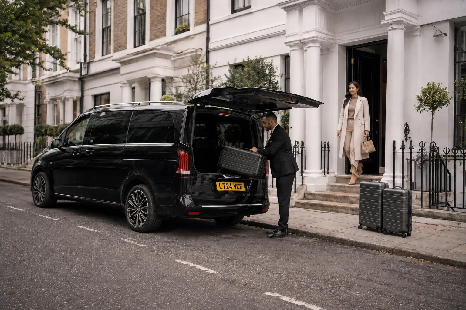Chauffeur arranging several travel bags in a people carrier