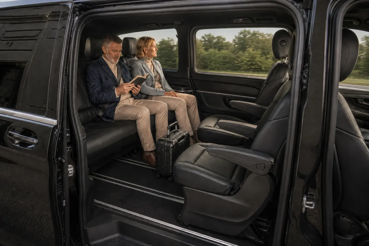 Two passengers seated in a spacious chauffeur people carrier cabin