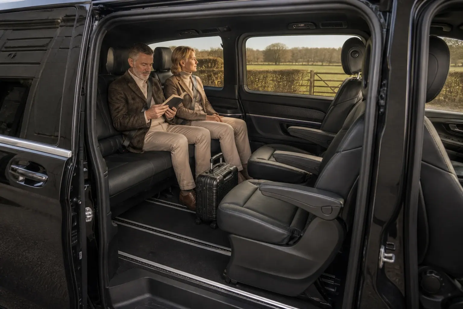 Two passengers travelling together in a softly lit people carrier