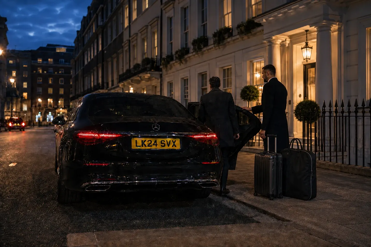 Chauffeur handling luggage beside a hotel at dusk