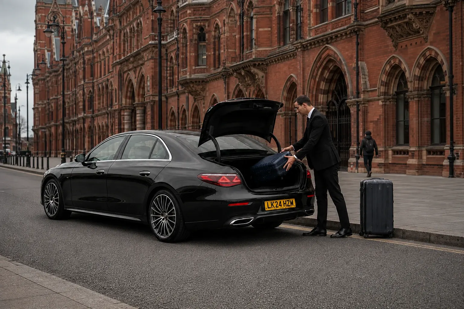 Chauffeur loading a passenger case into a black saloon