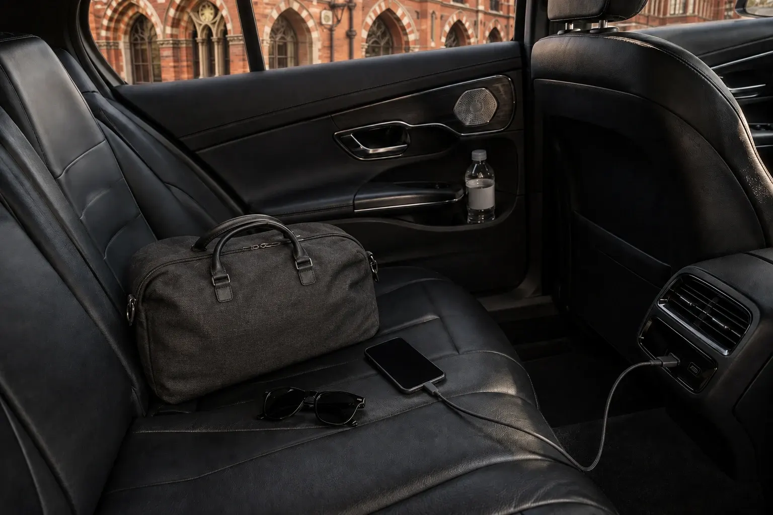 Dark rear passenger seat prepared with water, a bag and a phone
