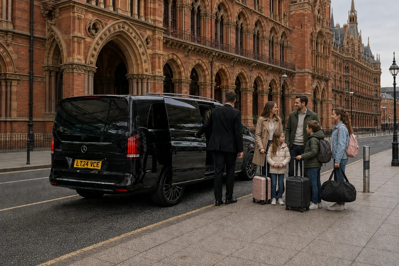 Adult passengers standing beside a people carrier at a city kerb
