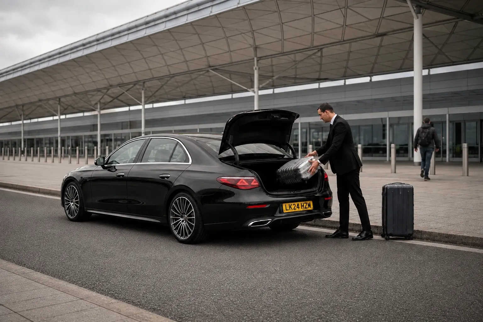 Chauffeur placing luggage into an open black saloon boot