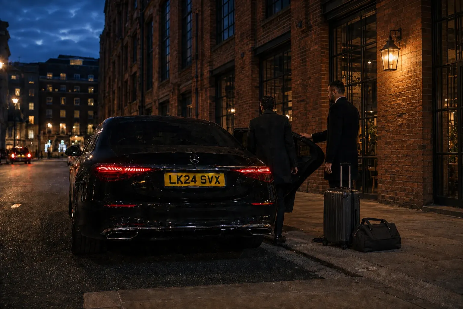 A chauffeur and passenger beside a black saloon, suitcase and travel bag outside a brick building at dusk