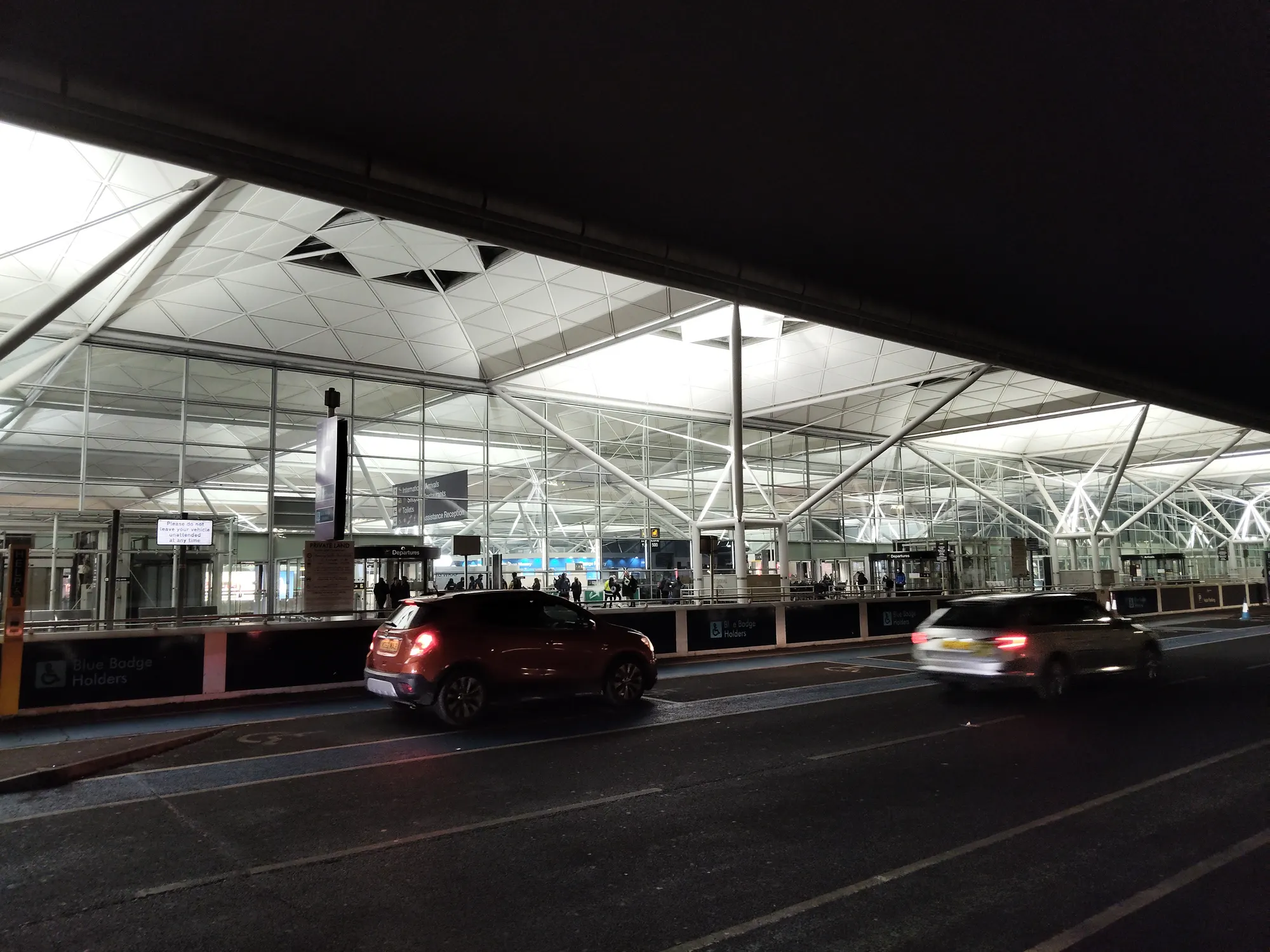 London Stansted Airport terminal frontage photographed in January 2025
