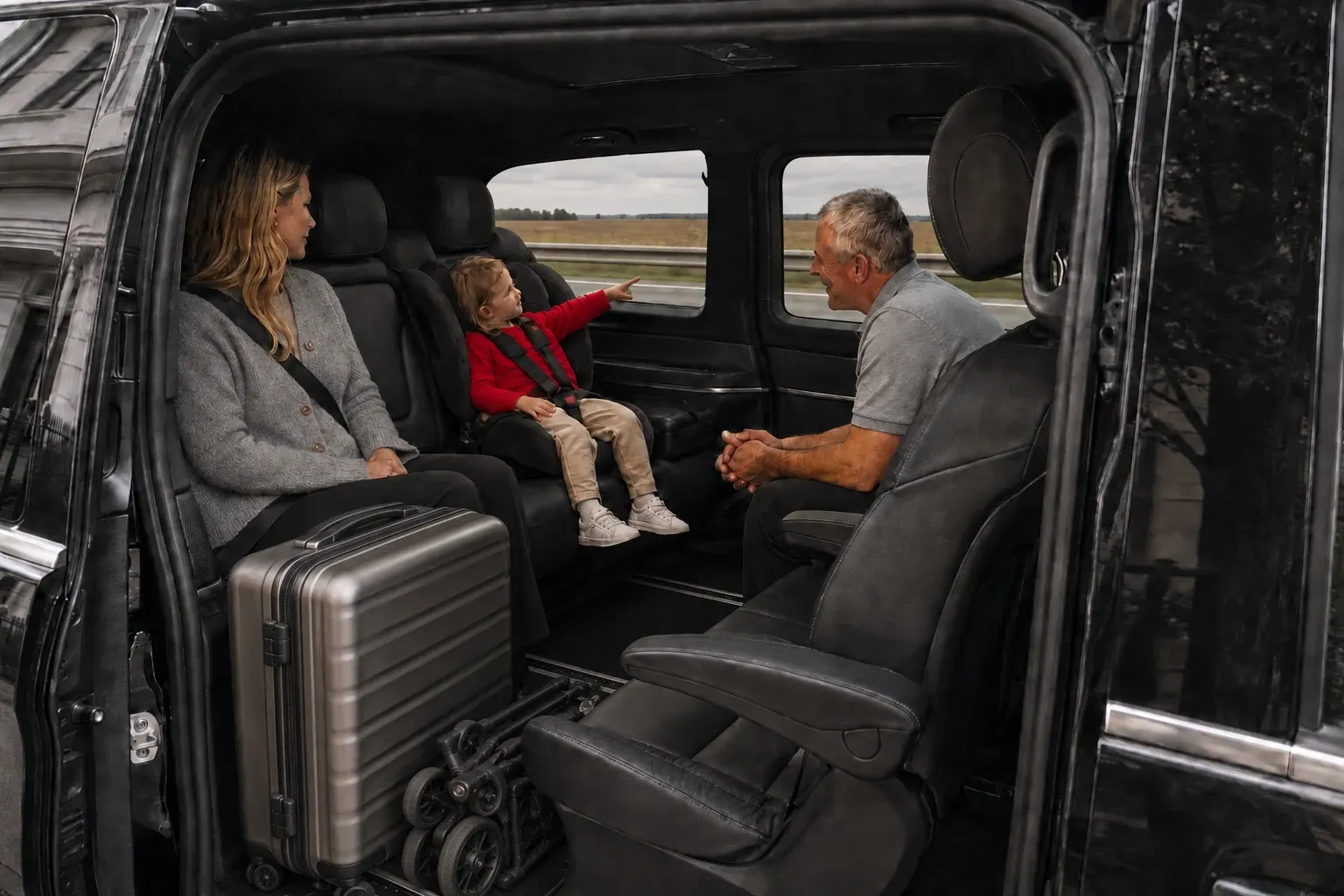 Family travelling with cases inside a chauffeur people carrier