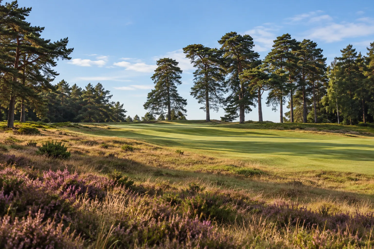 Illustrative Swinley Forest heathland fairway among Scots pines, grounded in licensed course photography