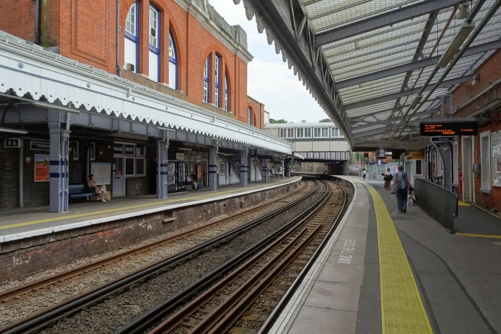 Platforms and historic canopy at Tunbridge Wells railway station in June 2024