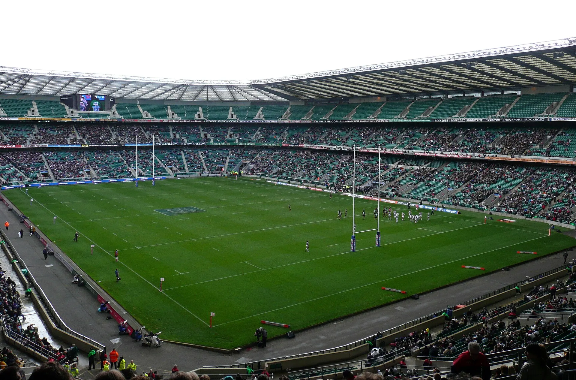 The rugby pitch and stands inside Twickenham Stadium