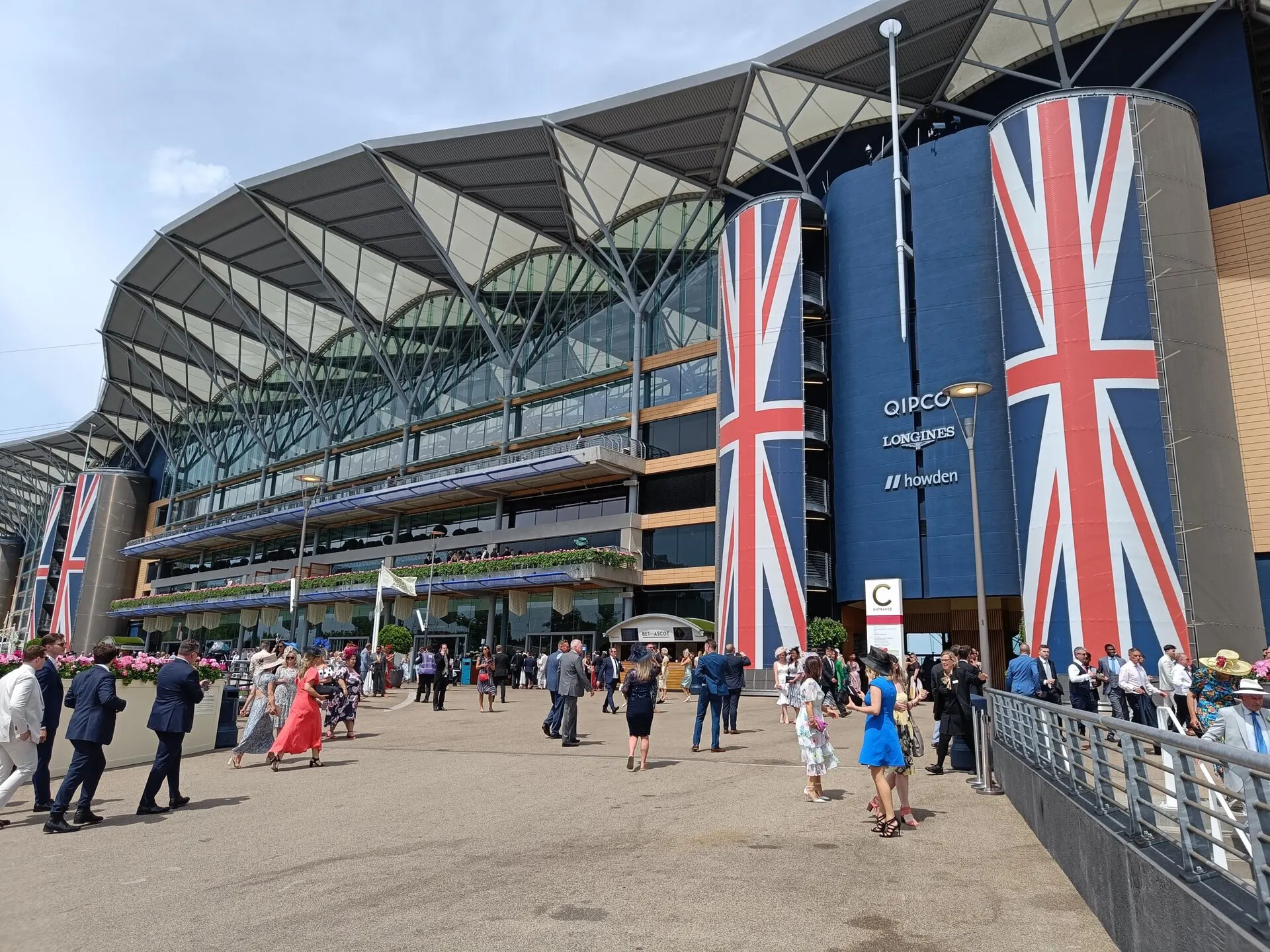 Visitors outside Ascot Racecourse grandstand during Royal Ascot in June 2023