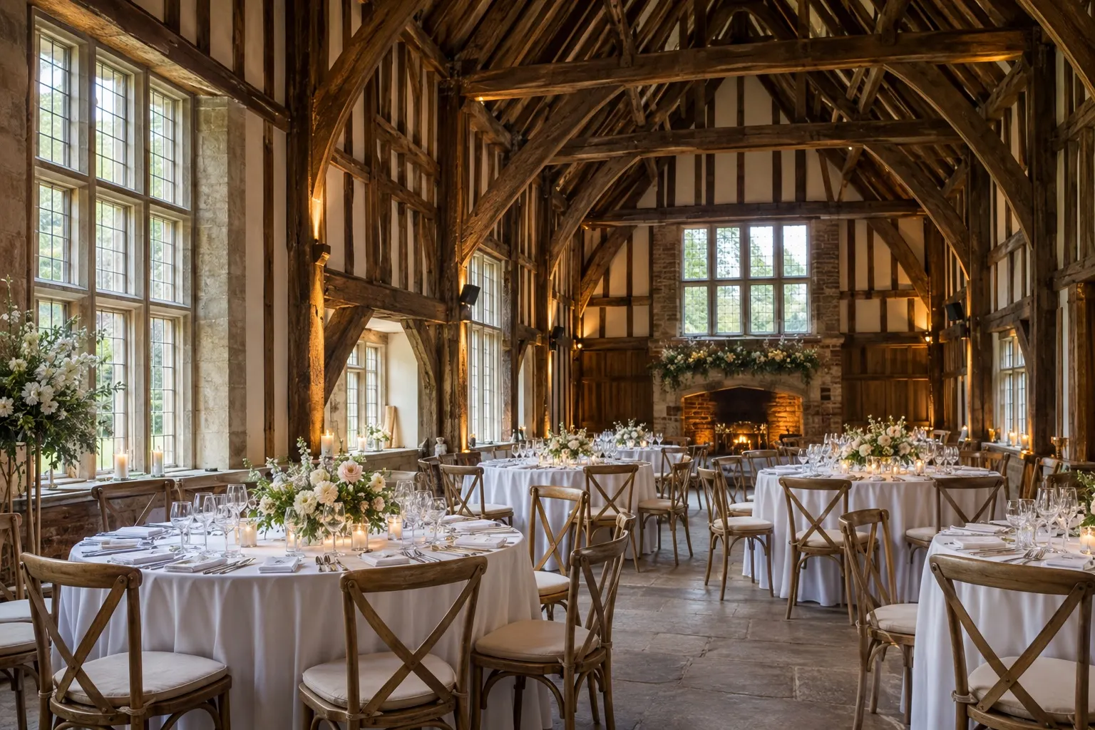 Illustrative wedding breakfast inspired by Great Fosters' oak-framed Tithe Barn