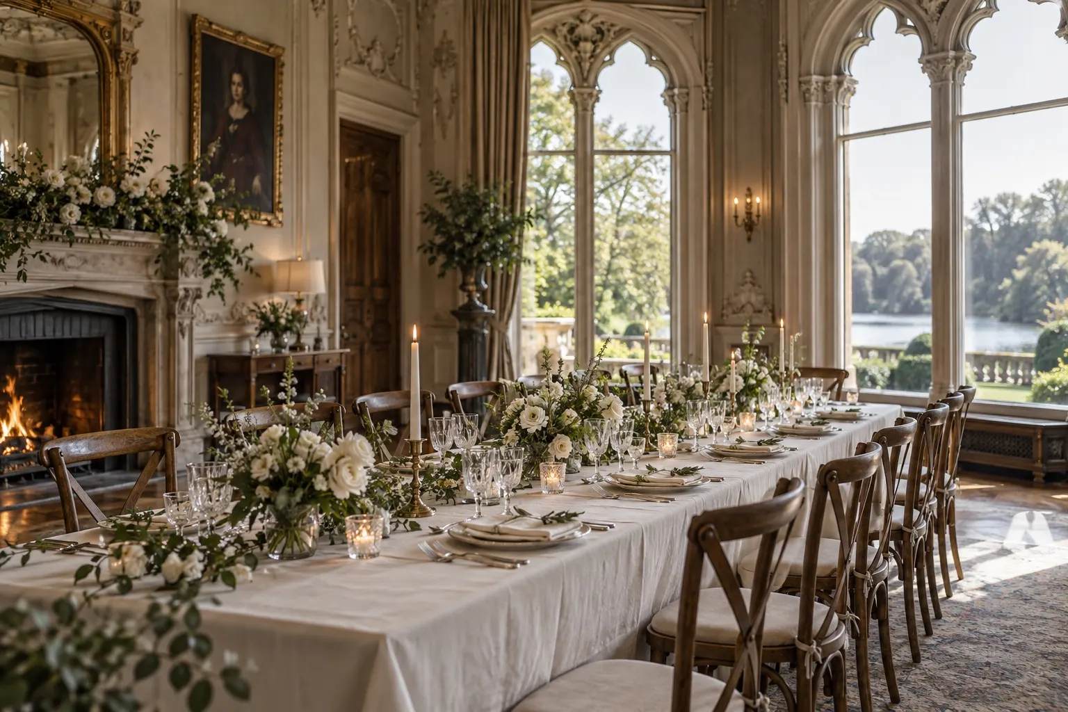 Illustrative wedding breakfast inspired by Oakley Court's Victorian rooms