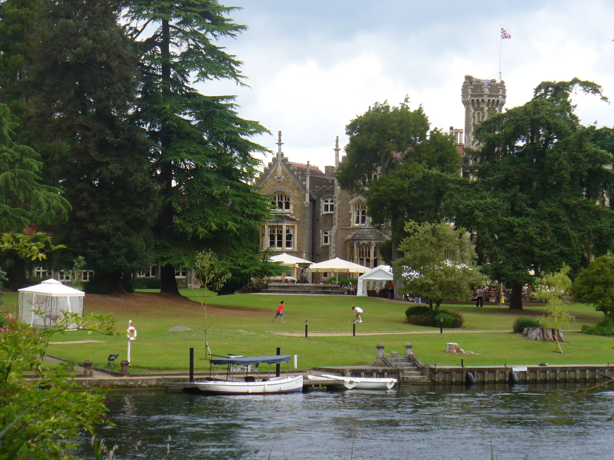 Oakley Court's real riverside mansion and lawn photographed in 2011
