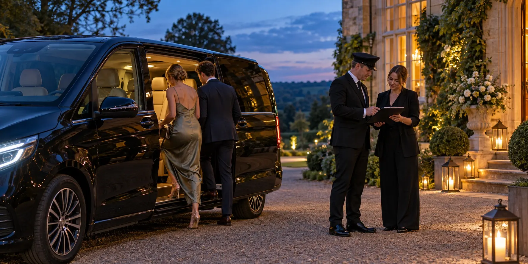 Illustration of evening wedding guests boarding a people carrier while the chauffeur and coordinator check the return list