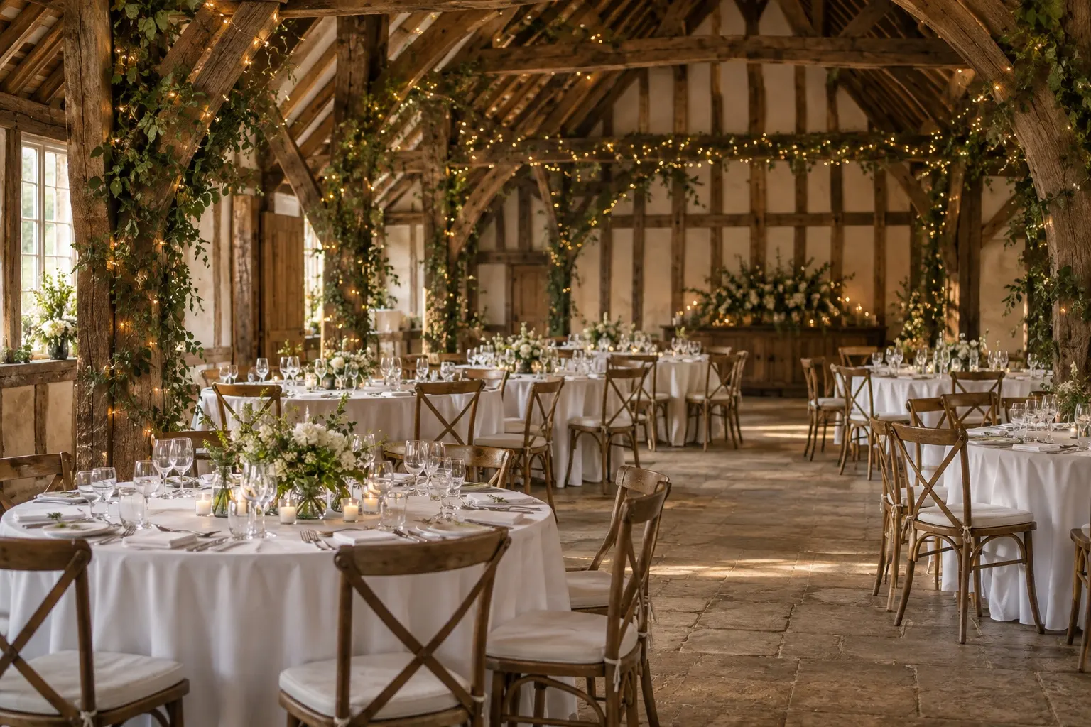 Illustrative wedding breakfast inspired by Ufton Court's oak-framed Tithe Barn