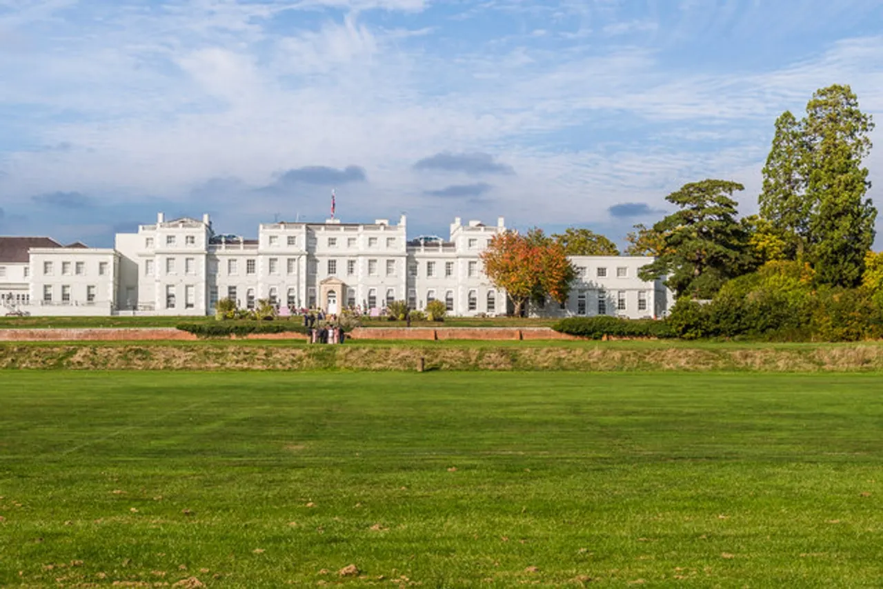 Wokefield Estate's real white Mansion House and south lawn photographed in 2025