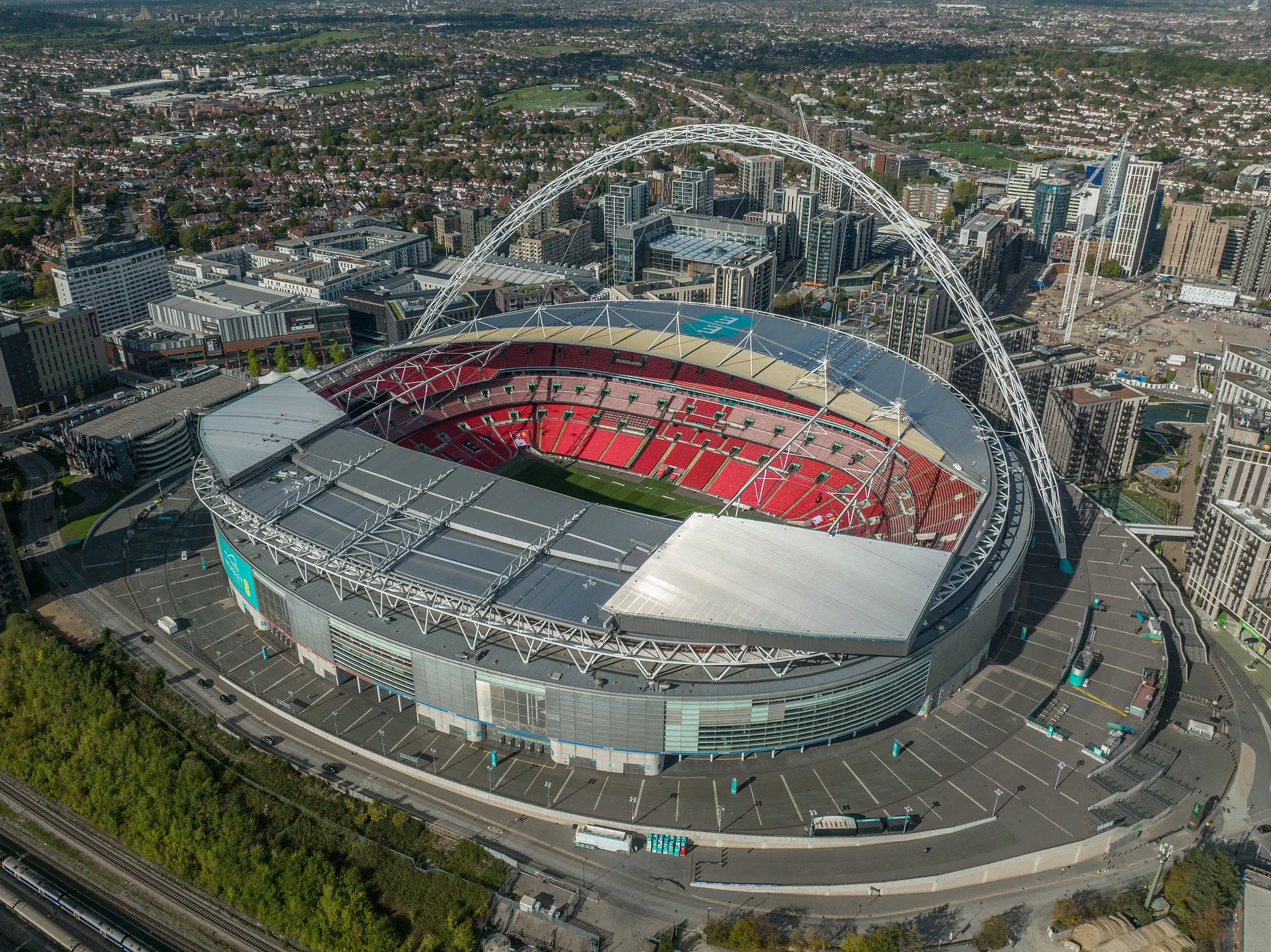 Aerial photograph of Wembley Stadium and its distinctive arch