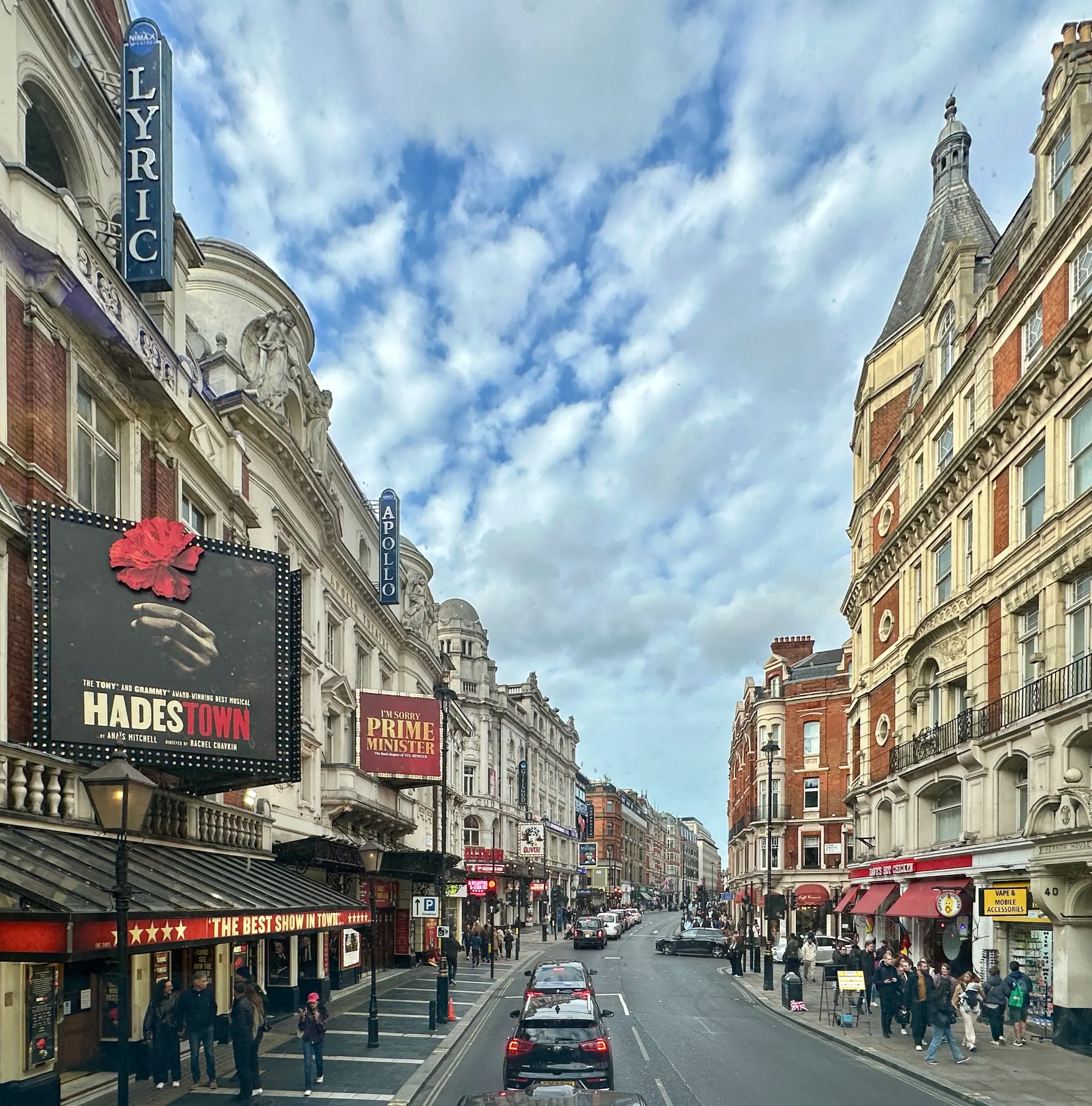 Shaftesbury Avenue with the Lyric and Apollo theatres in London's West End