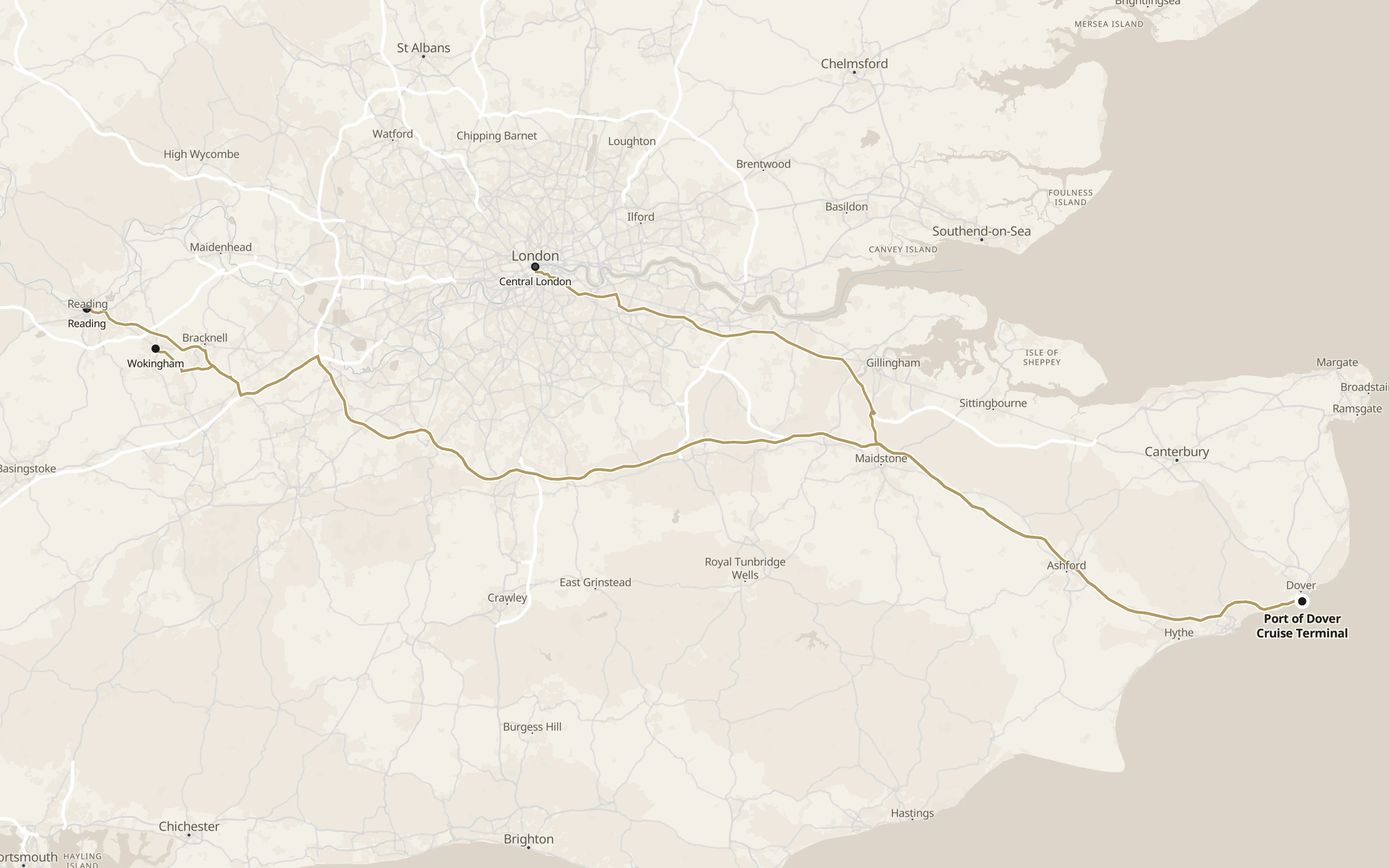 Road routes from Reading Wokingham and London to Dover Cruise Terminal