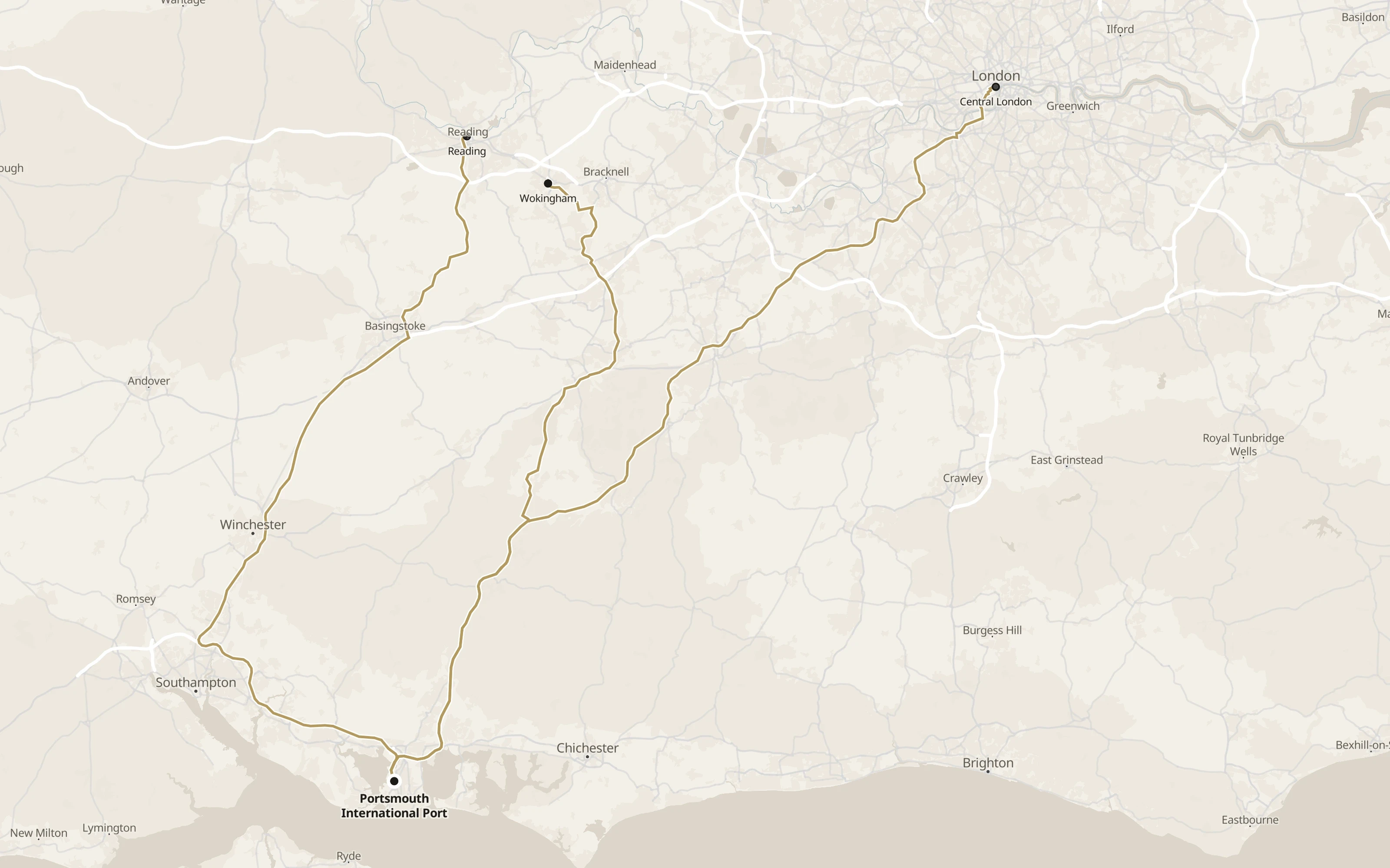 Road routes from Reading Wokingham and London to Portsmouth International Port